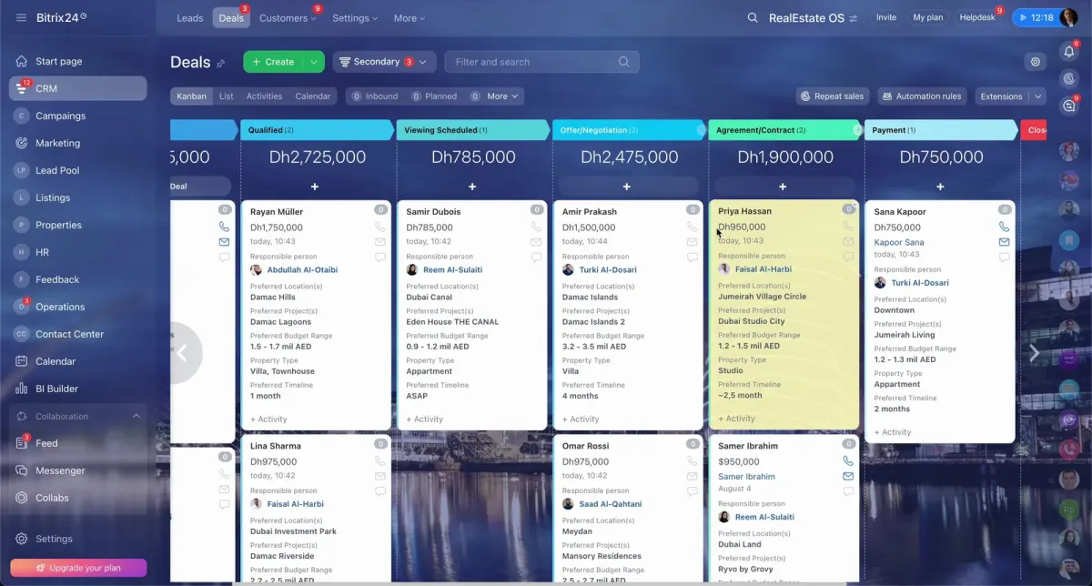Bitrix24 CRM kanban board showing UAE real estate deals, lead cards, AED values, and pipeline stages