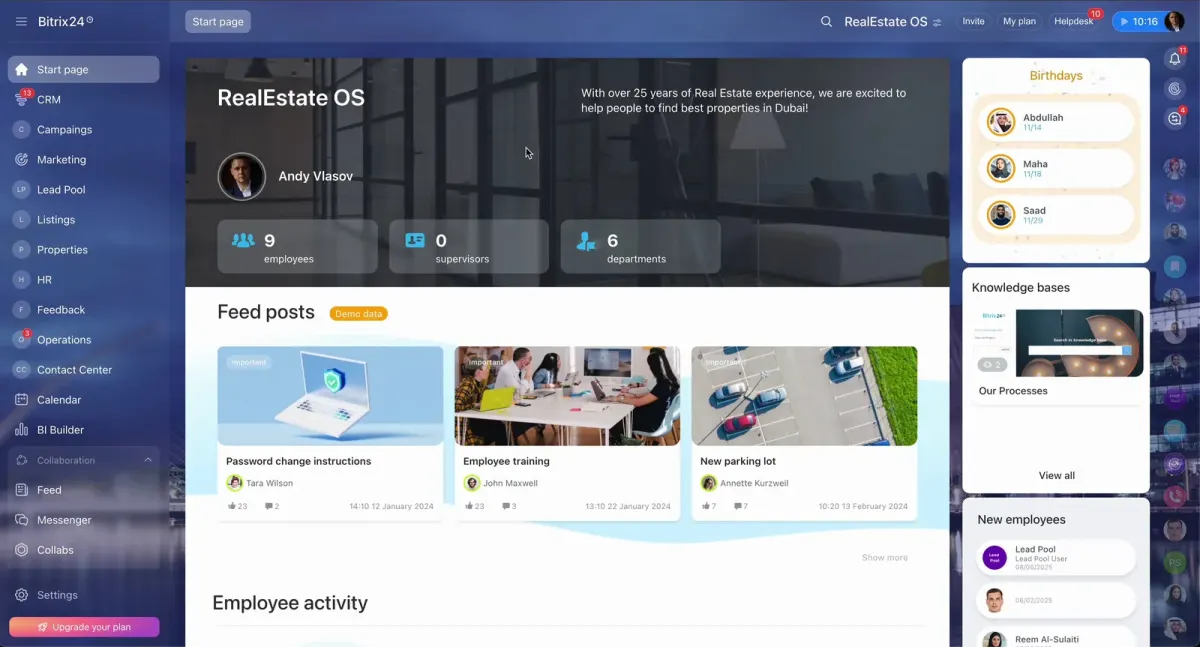 Bitrix24 RealEstateOS dashboard with CRM, lead pool, listings, properties, operations, calendar and employee activity widgets Bitrix24 RealEstateOS dashboard with CRM, lead pool, listings, properties, operations, calendar and employee activity widgets