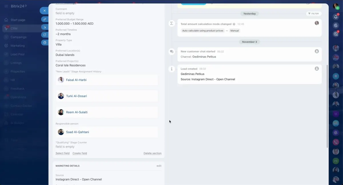 CRM deal record showing AED price range, source channel, alerts, and contact fields for broker commission tracking