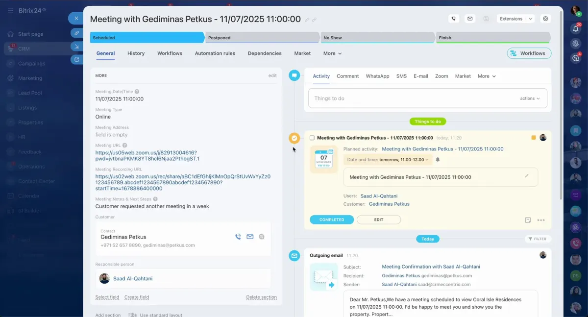 CRM activity timeline showing a scheduled meeting, Zoom link, email, WhatsApp, SMS, and customer details in one client record CRM activity timeline showing a scheduled meeting, Zoom link, email, WhatsApp, SMS, and customer details in one client record