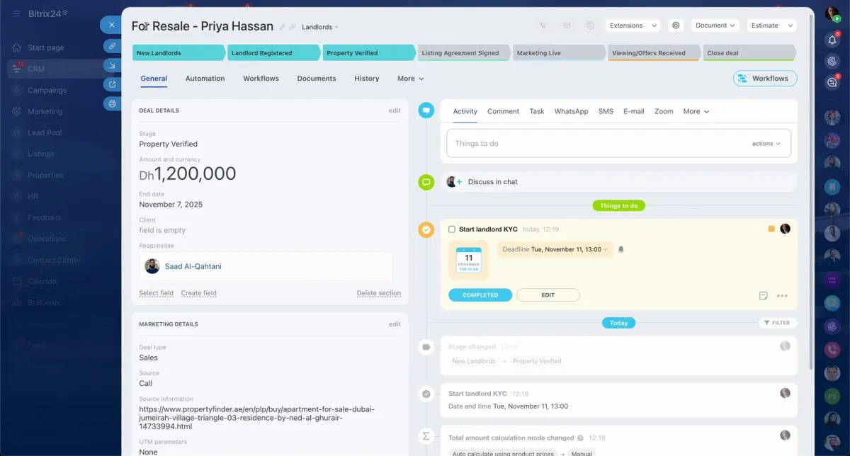 Real estate listing software screen showing resale deal stages, property verification, marketing details, and agent activity