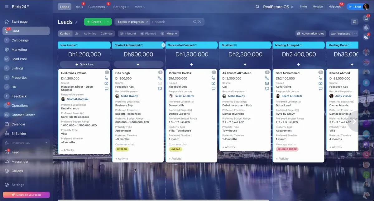Bitrix24 RealEstate OS CRM kanban showing Dubai property leads, budgets, locations, projects, and responsible people Bitrix24 RealEstate OS CRM kanban showing Dubai property leads, budgets, locations, projects, and responsible people