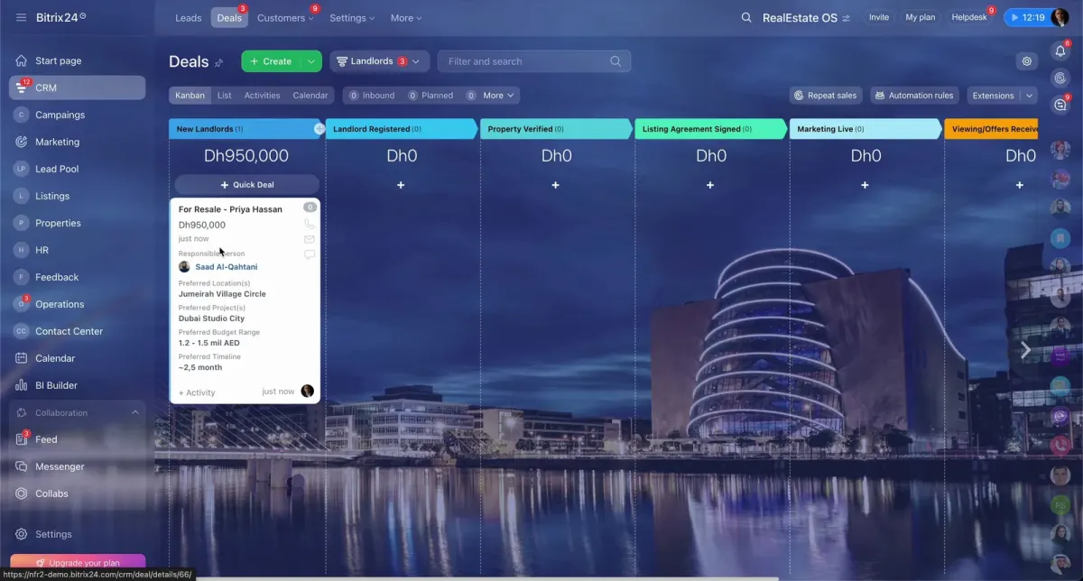 Bitrix24 RealEstate OS deals pipeline with landlord cards, property details, budgets and timelines for a Dubai brokerage Bitrix24 RealEstate OS deals pipeline with landlord cards, property details, budgets and timelines for a Dubai brokerage