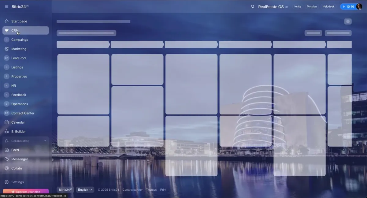Bitrix24 RealEstateOS CRM dashboard with navigation for leads, listings, properties, operations, calendar, and BI tools Bitrix24 RealEstateOS CRM dashboard with navigation for leads, listings, properties, operations, calendar, and BI tools