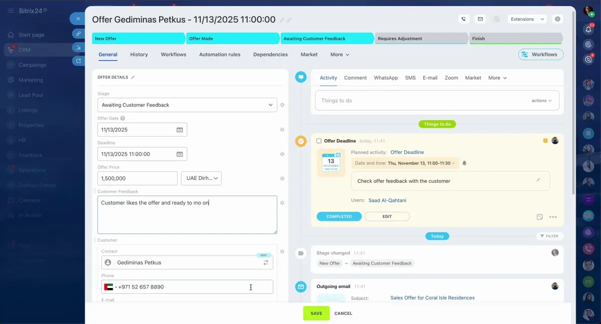Real estate offer record showing deadline, customer feedback, activities, and workflow stages in transaction management software Real estate offer record showing deadline, customer feedback, activities, and workflow stages in transaction management software