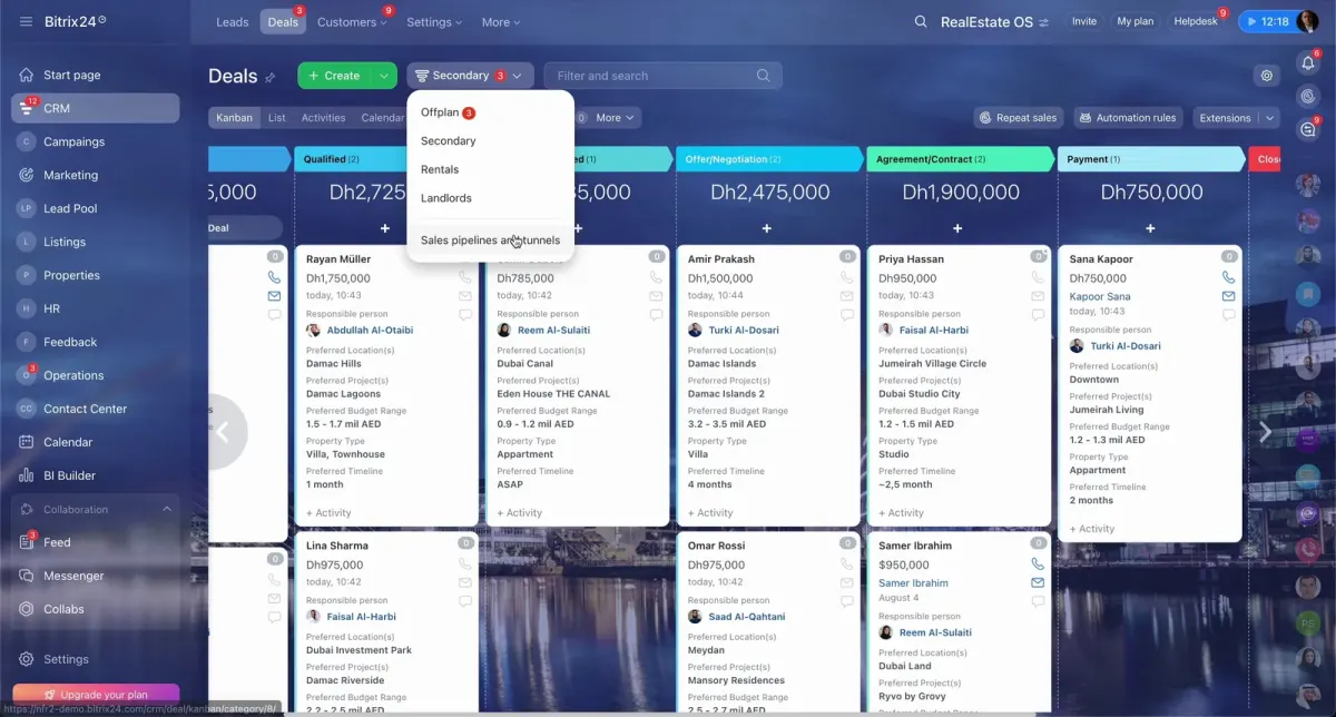Bitrix24 real estate CRM showing deal pipelines, activities, and agreement or contract stages Bitrix24 real estate CRM showing deal pipelines, activities, and agreement or contract stages
