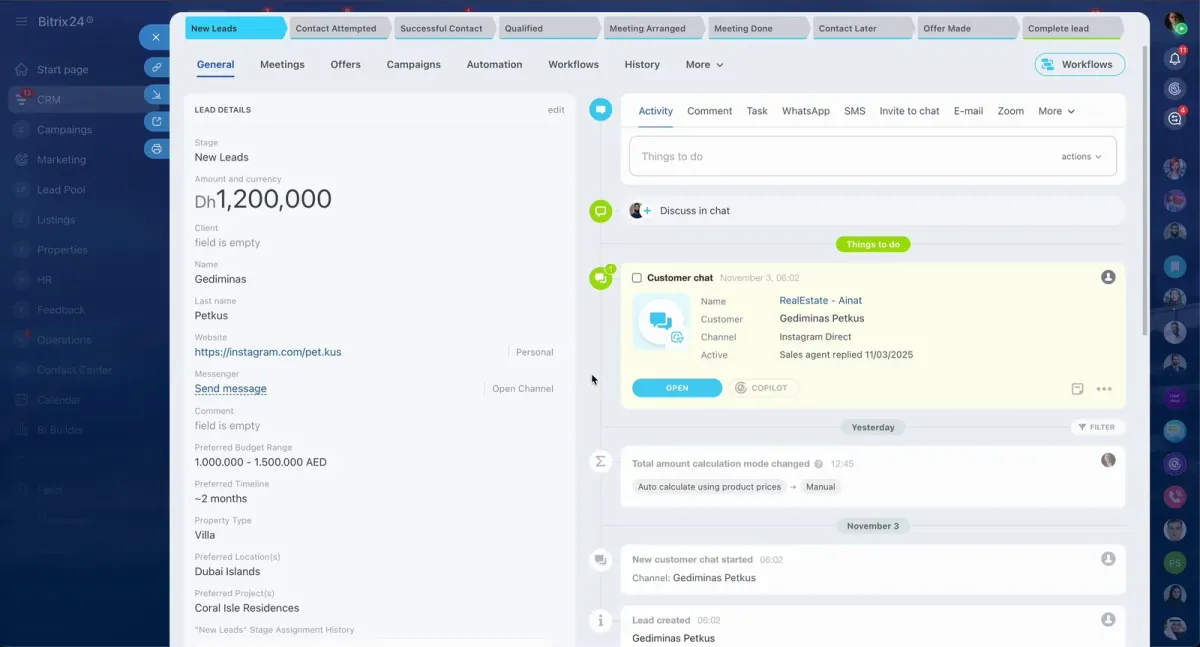 CRM lead details screen showing real estate enquiry stages, contact actions, channel, budget range, and property notes