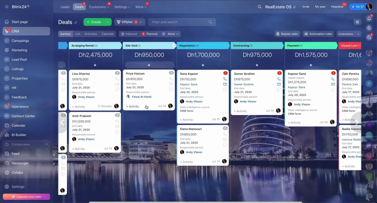 CRM deal pipeline screenshot for a real estate brokerage showing leads, deal stages, prices, agents, and activity tracking CRM deal pipeline screenshot for a real estate brokerage showing leads, deal stages, prices, agents, and activity tracking