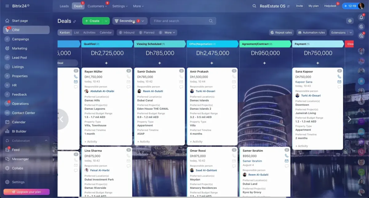 CRM kanban pipeline for real estate deals with stages, client records, activities, and property budgets CRM kanban pipeline for real estate deals with stages, client records, activities, and property budgets