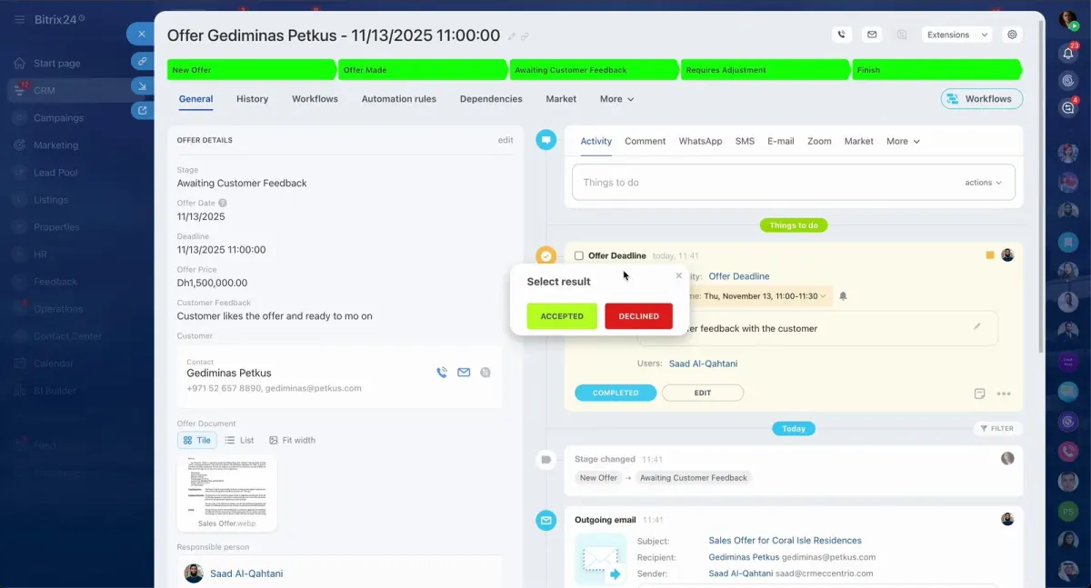 Bitrix24 workflow screen showing offer follow-up stages, reminders, and customer feedback status for a real estate sales process Bitrix24 workflow screen showing offer follow-up stages, reminders, and customer feedback status for a real estate sales process