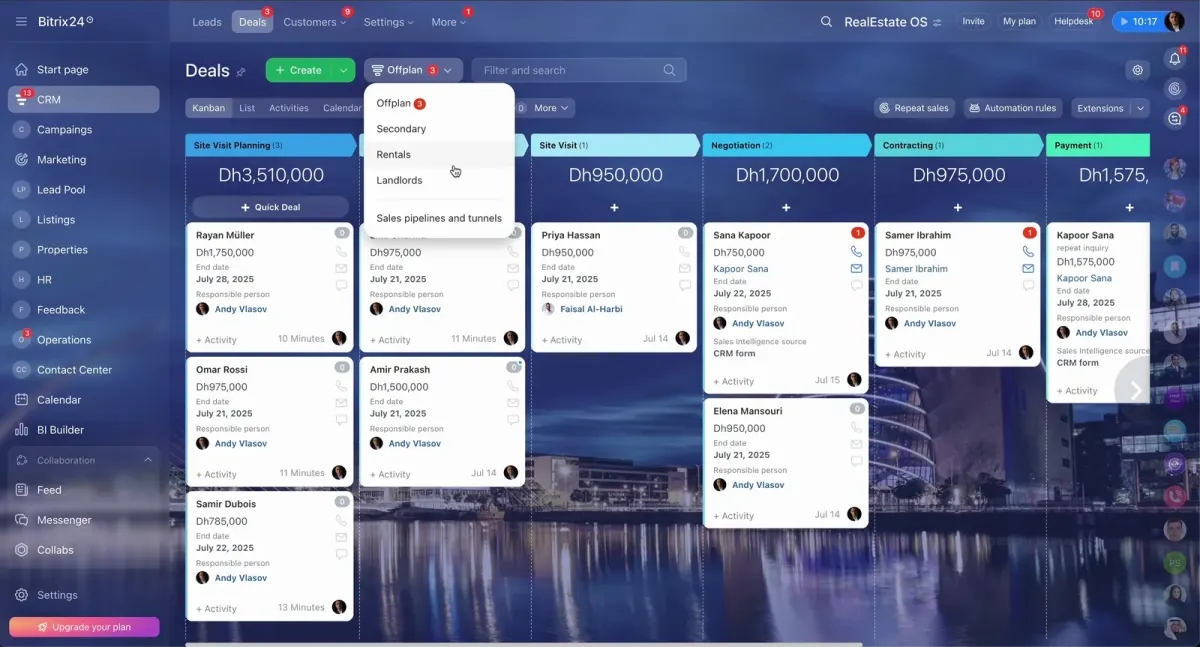CRM dashboard with Kanban deal stages, owners, activities, and automation rules for real estate sales records