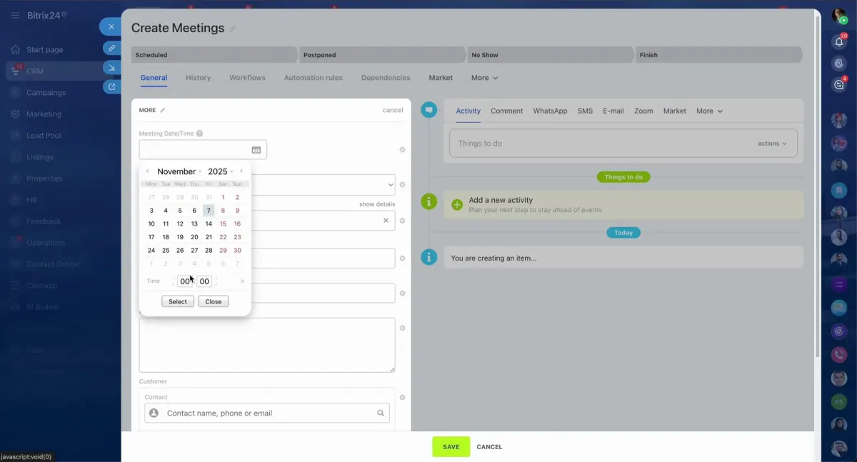 Bitrix24 meeting workflow screen with automation rules, activities, and a November 2025 calendar for real estate task management